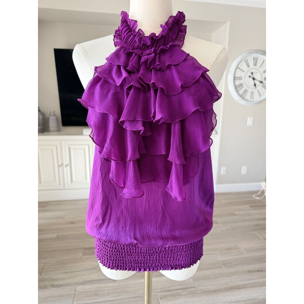 bebe Purple 100% Silk Halter Top Ruffled Tiered Smocked Hem Sleeveless Sz S/M